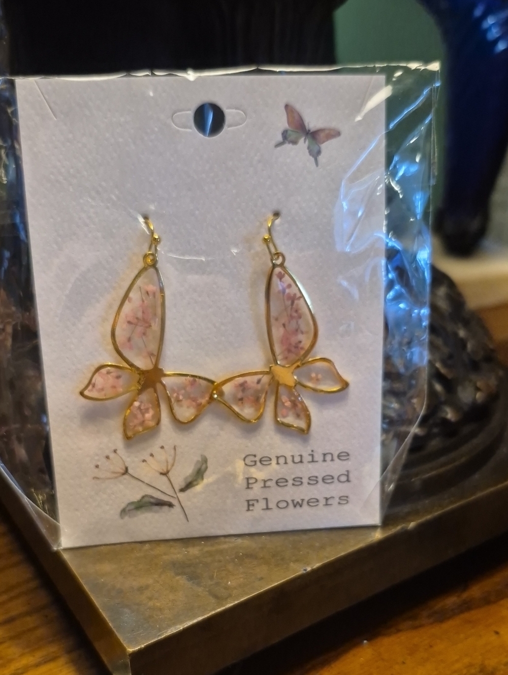 Zad Gold Butterfly Wings Flower Earrings, Handmade Pressed Real Flower Resin